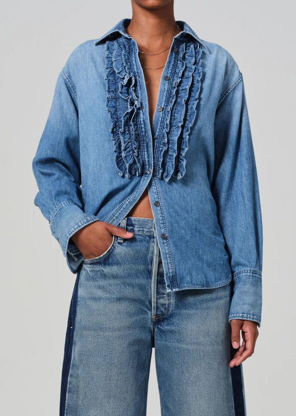 CITIZENS OF HUMANITY RUFFLE DENIM TUXEDO SHIRT